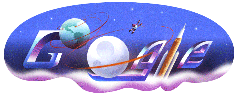 gif animation google doodle showing artemis 2 mission around the moon.