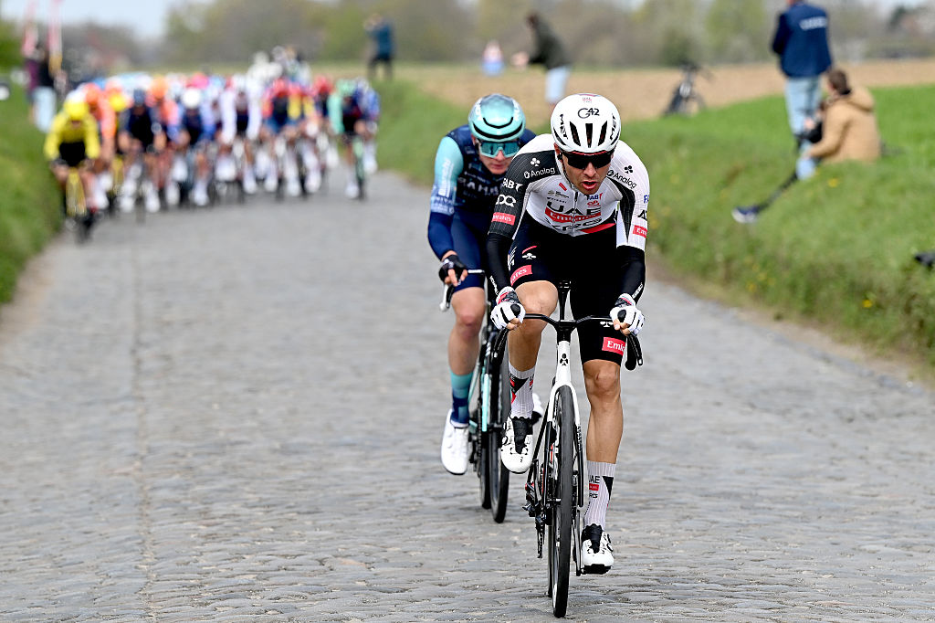 WAREGEM, BELGIUM - APRIL 01: Benoit Cosnefroy of France and UAE Team Emirates - XRG attacks during the 80th Dwars Door Vlaanderen 2026 - Men&amp;apos;s Elite a 184.6km one day race from Roeselare to Waregem / #UCIWT / on April 01, 2026 in Waregem, Belgium. (Photo by Dario Belingheri/Getty Images)