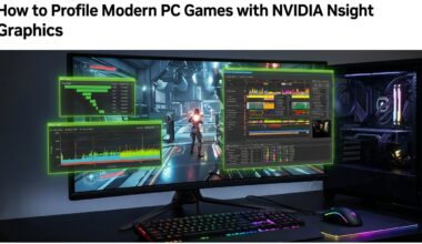 A gaming monitor displays various profiling graphs and a gameplay scene using NVIDIA Nsight Graphics, with a colorful backlit keyboard and mouse in front.