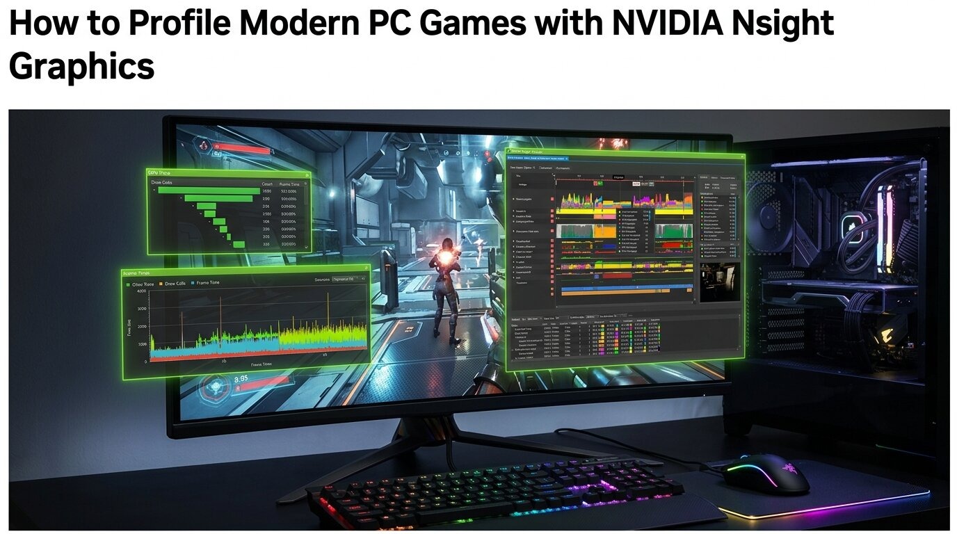 A gaming monitor displays various profiling graphs and a gameplay scene using NVIDIA Nsight Graphics, with a colorful backlit keyboard and mouse in front.