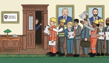 An illustration depicts mining industry workers and executives lining up for a meeting at Ontario's Ministry of Energy and Mines.