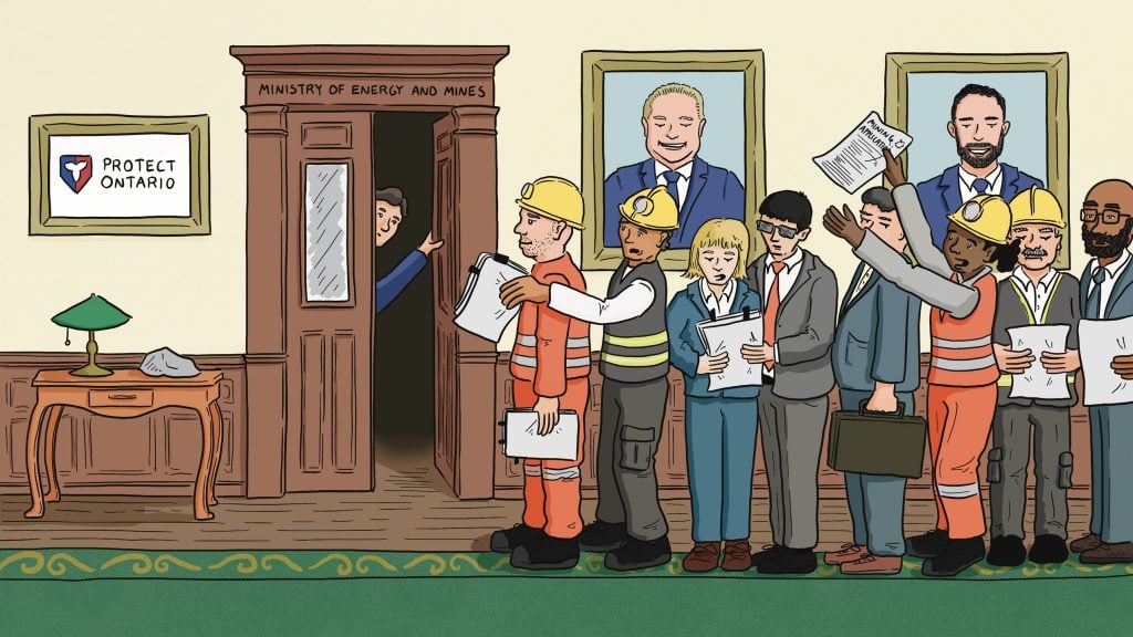 An illustration depicts mining industry workers and executives lining up for a meeting at Ontario's Ministry of Energy and Mines.