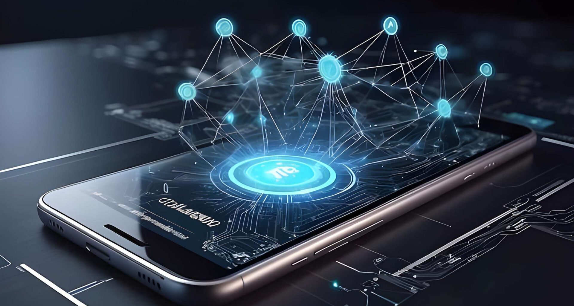 A smartphone on a dark surface displays a holographic network of connected nodes.