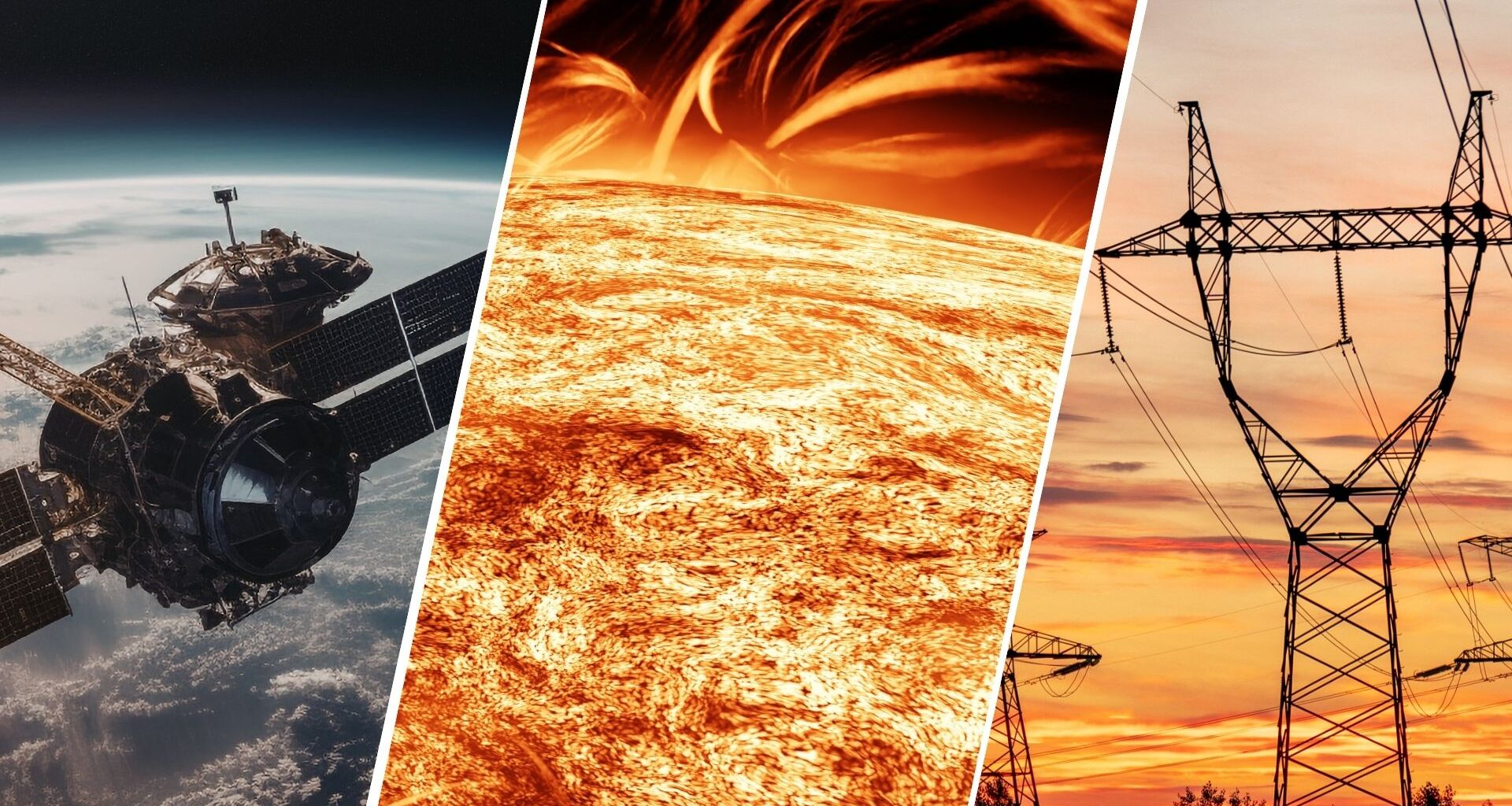three panel image, left - a satellite in space, middle a close up graphic of the sun, right, powerlines against a vibrant orange sunset sky.