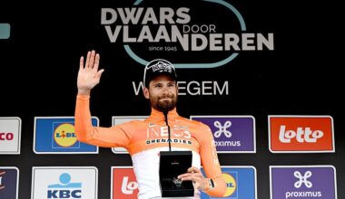 WAREGEM, BELGIUM - APRIL 01: Filippo Ganna of Italy and Team INEOS Grenadiers celebrates at podium as race winner during the 80th Dwars Door Vlaanderen 2026 - Men&amp;apos;s Elite a 184.6km one day race from Roeselare to Waregem / #UCIWT / on April 01, 2026 in Waregem, Belgium. (Photo by Dario Belingheri/Getty Images)