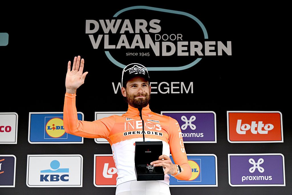 WAREGEM, BELGIUM - APRIL 01: Filippo Ganna of Italy and Team INEOS Grenadiers celebrates at podium as race winner during the 80th Dwars Door Vlaanderen 2026 - Men&amp;apos;s Elite a 184.6km one day race from Roeselare to Waregem / #UCIWT / on April 01, 2026 in Waregem, Belgium. (Photo by Dario Belingheri/Getty Images)