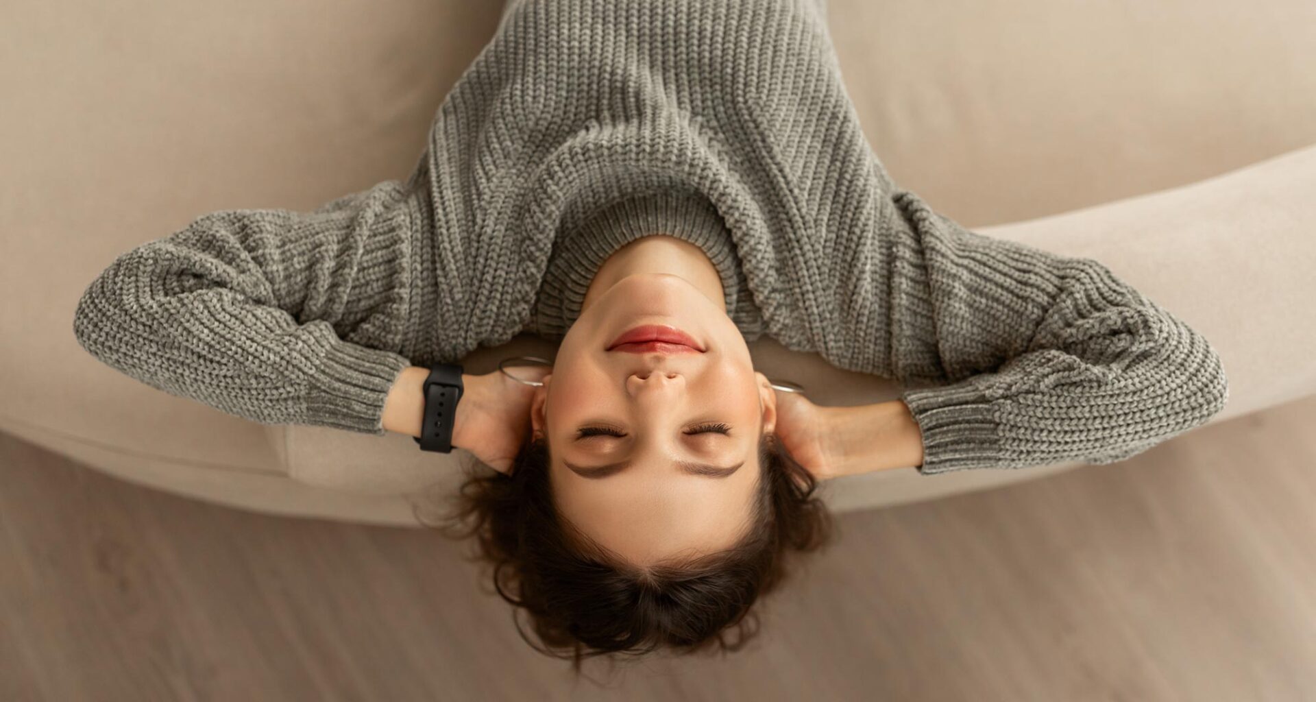 Relaxed Smiling Young Woman Laying Back Closed Eyes Stress Free