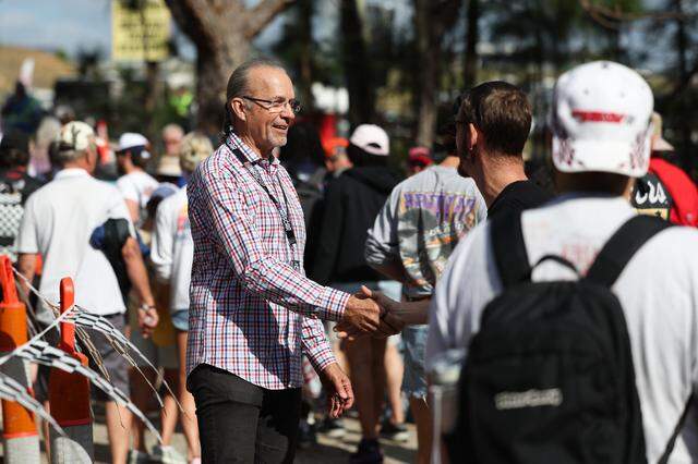 NASCAR legend Kyle Petty greets fans at they exit the Rockingham Special for race day at Rockingham Speedway on Saturday, April, 4, 2026. 