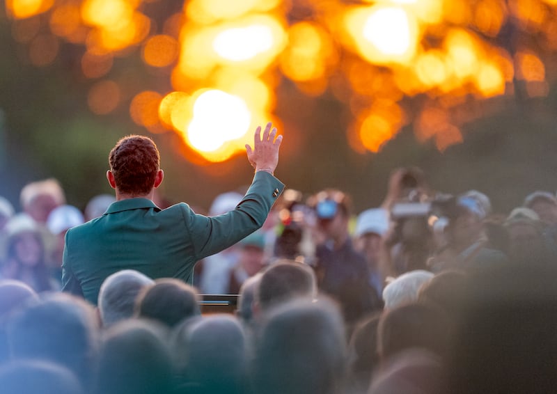Masters champion Rory McIlroy of Northern Ireland speaks during the Green Jacket Ceremony at Augusta National Golf Club, Sunday, April 13, 2025. Photograph: Shanna Lockwood/Augusta National/Getty Images