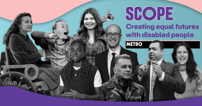 Full list of nominees for the 2026 Scope Awards. Pictures of the nominees in black and white with a pink, blue and purple background and text reading 'SCOPE Creating equal futures with disabled people'