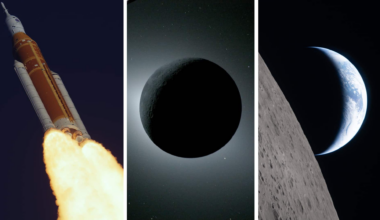Three images showing the Orion spacecraft launching with a bright flame trailing behind it, a total solar eclipse viewed from the moon’s rear side and the Earth seen behind the moon from the moon in space.