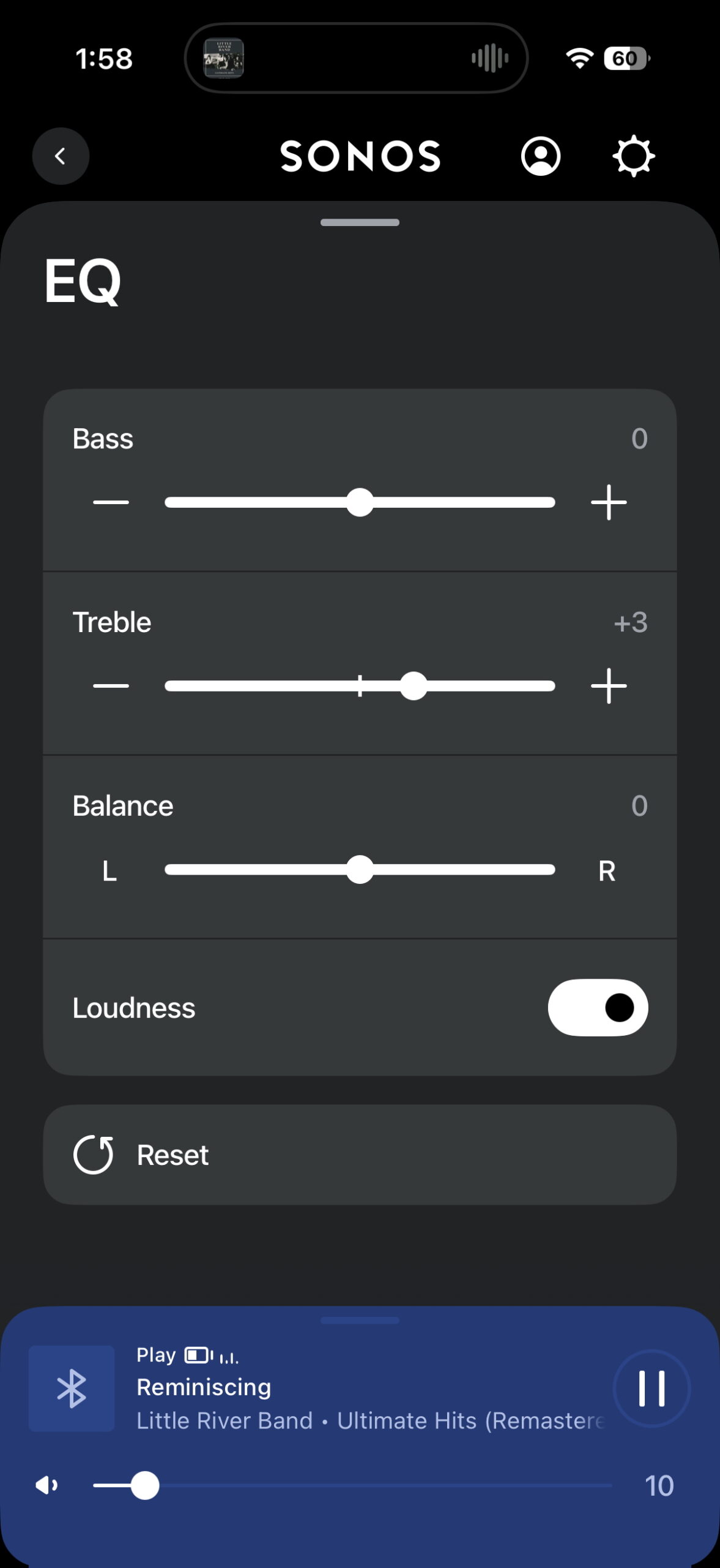 Sonos app equalizer screen with controls for bass, treble, balance, and loudness.