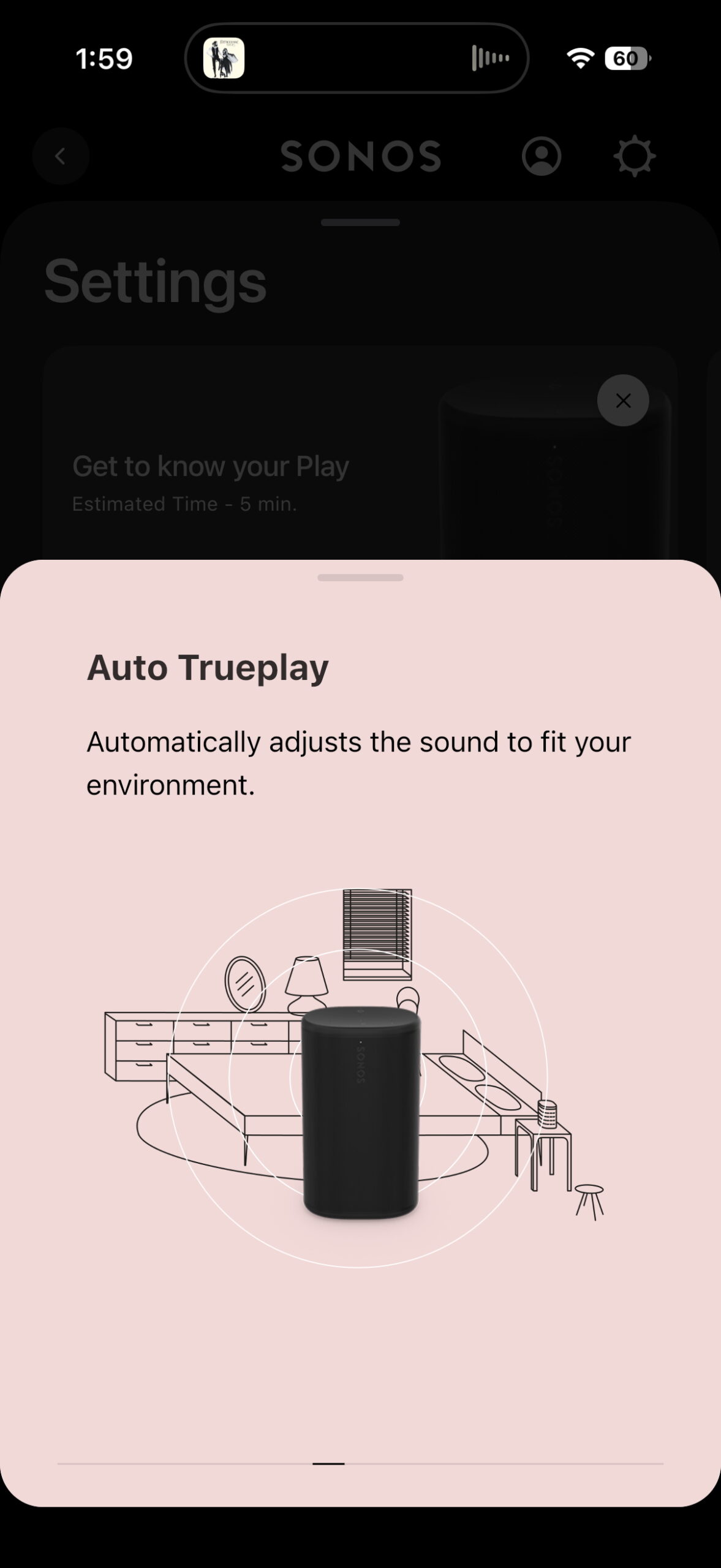 Sonos app screen explaining Automatic Trueplay, which adjusts the speaker’s sound based on the room.