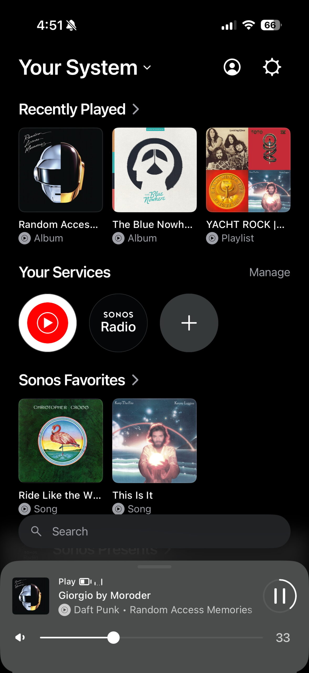 Sonos app home screen showing recently played music, connected services, and current playback controls.