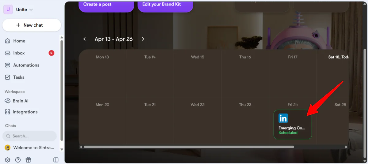 Scheduled posts in the Social Media Manager on Sintra AI.