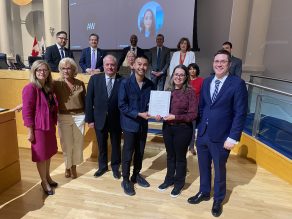 Members of Council and members of MSTSAC present St. David of Wales Catholic Elementary School with the 2025 Wilde Wood School Safety Zone Award.