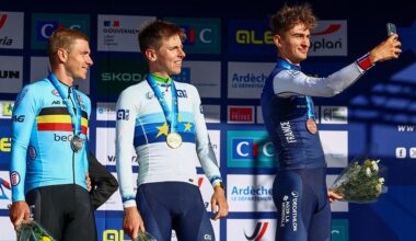 Belgium Remco Evenepoel, Slovenia Tadej Pogacar and France Paul Seixas pictured on the podium after the Men Elite raod race, a 202,5 km from Privas to Guilherand-Granges, at the UEC road European cycling championships, Sunday 05 October 2025, France. The European cycling championships Drome-Ardeche takes place from 1 to 5 October, France. BELGA PHOTO DAVID PINTENS (Photo by DAVID PINTENS / BELGA MAG / Belga via AFP)
