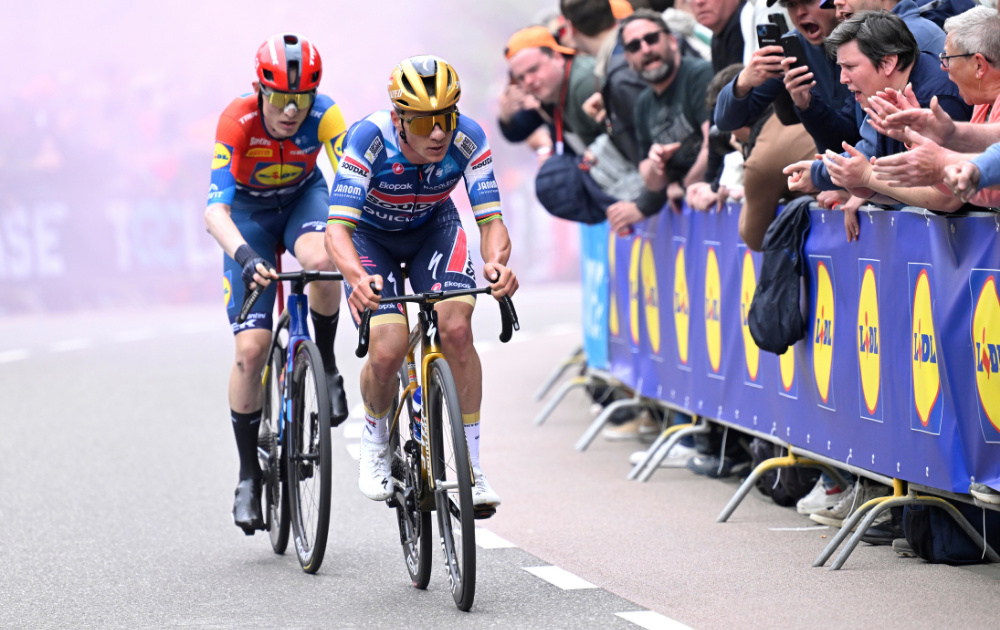 Mattias Skjelmose of Denmark and Team Lidl - Trek and Remco Evenepoel of Belgium and Team Soudal Quick-Step compete in the chase group during the 59th Amstel Gold Race 2025