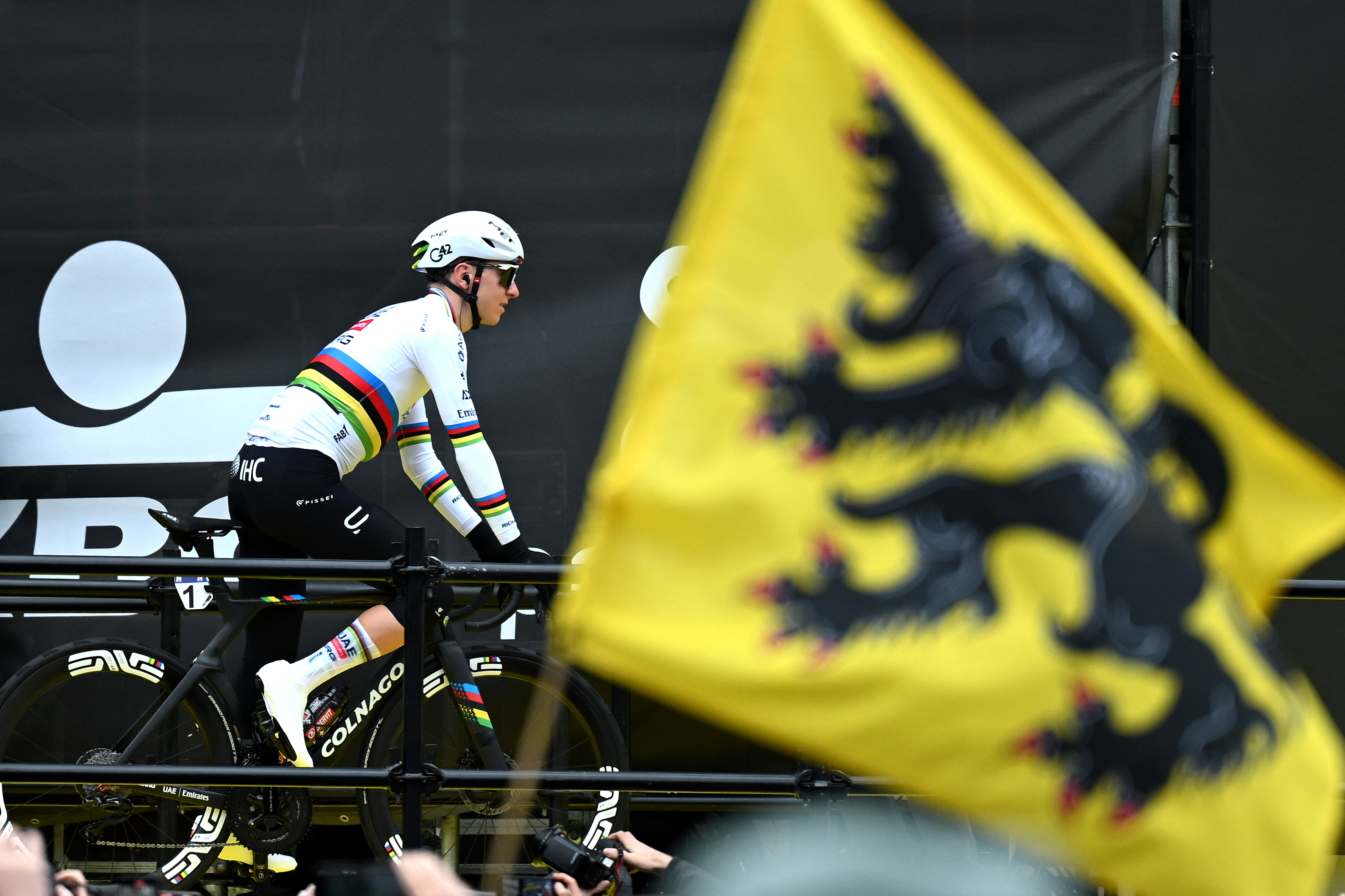 ANTWERP, BELGIUM - APRIL 05: Tadej Pogacar of Slovenia and UAE Team Emirates - XRG prior to the 110th Tour of Flanders - Ronde van Vlaanderen 2026 - Men&amp;apos;s Elite a 278.6km one day race from Antwerp to Oudenaarde / #UCIWT / on April 05, 2026 in Antwerp, Belgium. (Photo by Dario Belingheri/Getty Images)