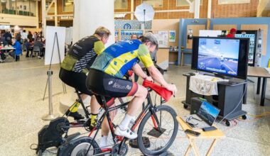 Brian Bussiere and a fellow cyclist at an indoor cycling event at Lakeridge Health Oshawa to drum up support for the Ride for the 'Ridge event in May