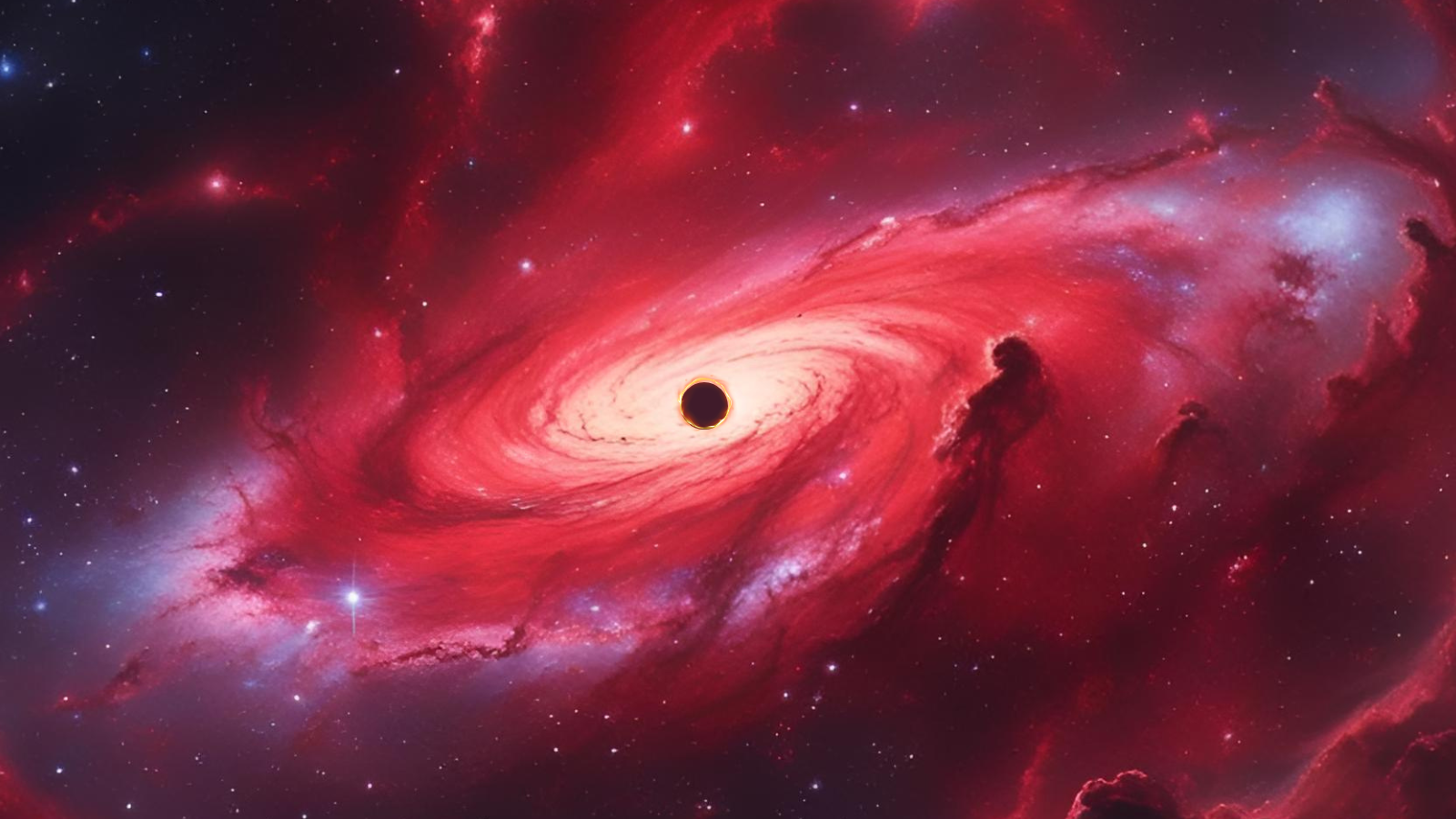 An illustration shows a black hole surrounded by red matter.
