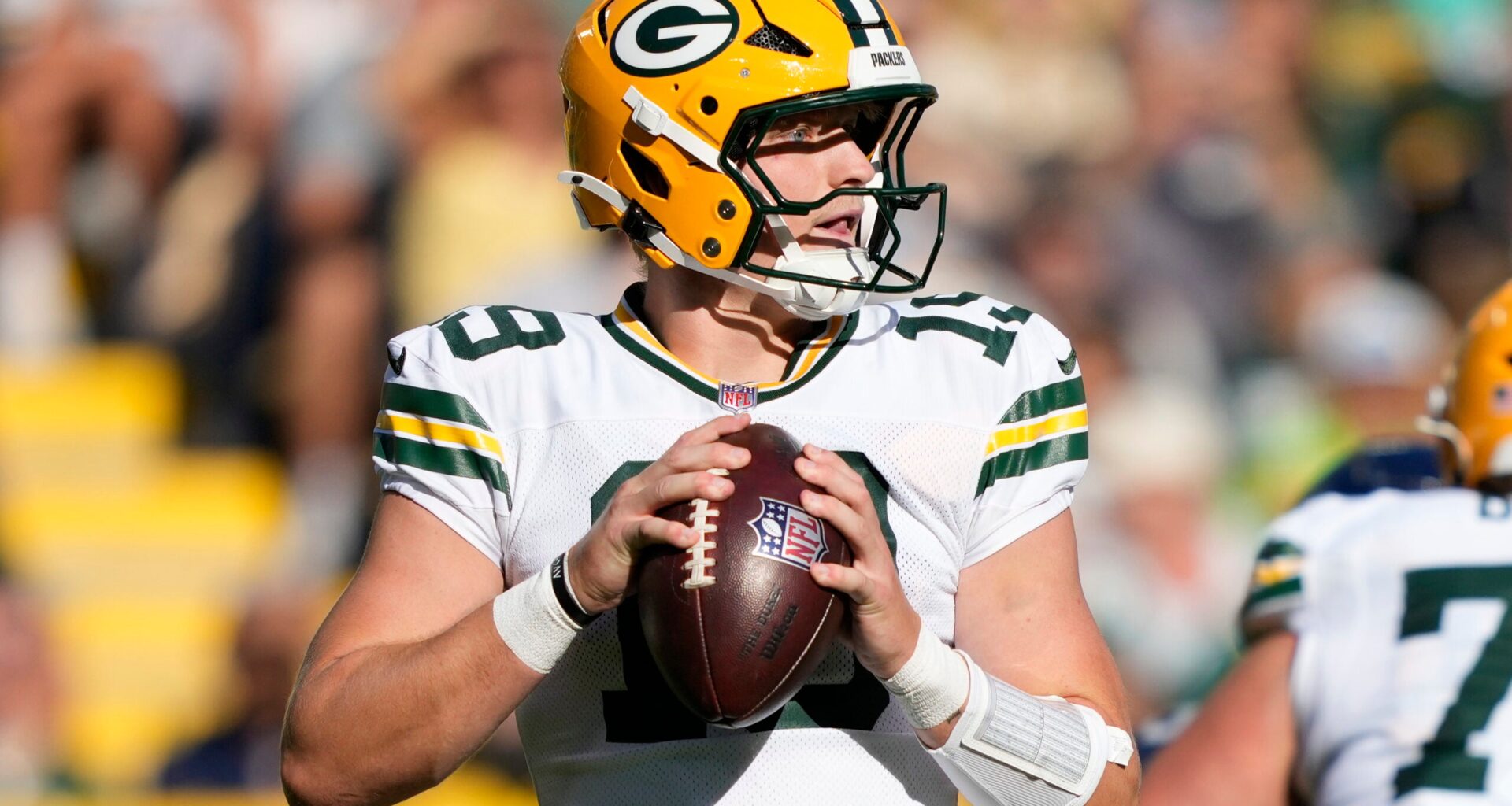 Aug 23, 2025; Green Bay, Wisconsin, USA; Green Bay Packers quarterback Taylor Elgersma (19) throws against the Seattle Seahawks during the second half at Lambeau Field.