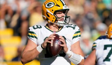 Aug 23, 2025; Green Bay, Wisconsin, USA; Green Bay Packers quarterback Taylor Elgersma (19) throws against the Seattle Seahawks during the second half at Lambeau Field.