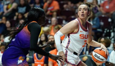 Sep 6, 2025; Uncasville, Connecticut, USA; Connecticut Sun guard Marina Mabrey (3) looks for an opening sgasindt Phoenix Mercury guard Kahleah Copper (2) in the first half at Mohegan Sun Arena.