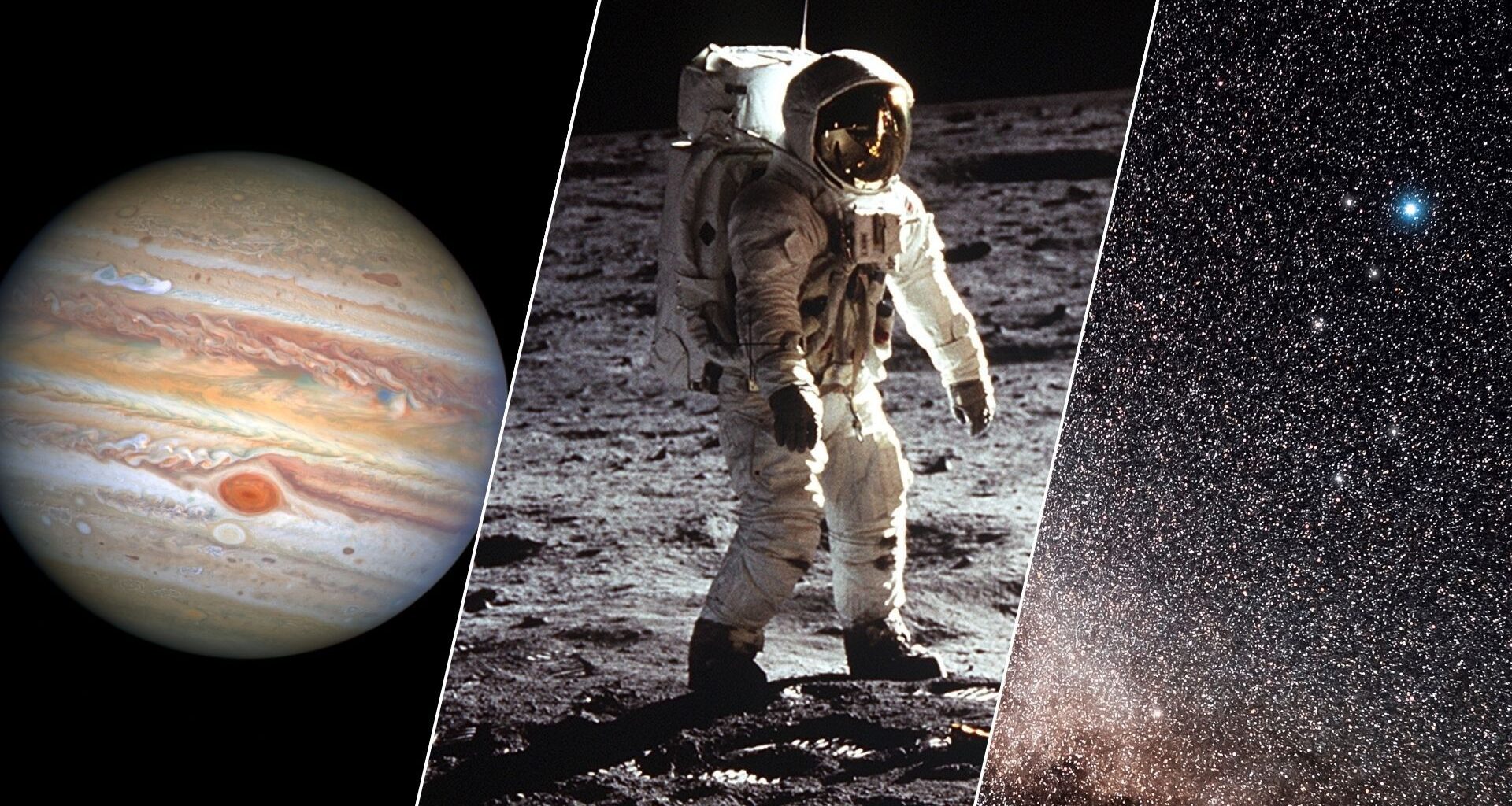 A three panel image showing Jupiter on the left, an astronaut standing on the moon in the middle and a starry night sky on the right.
