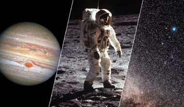 A three panel image showing Jupiter on the left, an astronaut standing on the moon in the middle and a starry night sky on the right.
