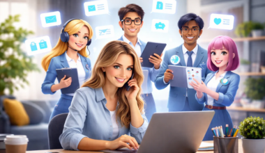 A woman doing business on her laptop with her AI assistants helping over her shoulder.