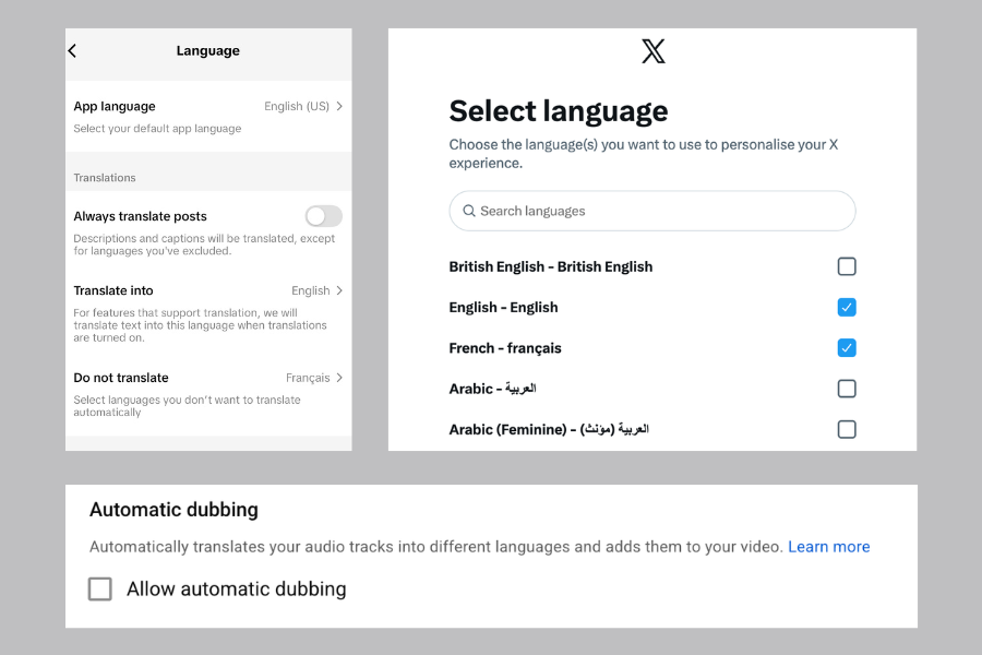 Automatic translation settings on TikTok (left), X (right) and YouTube (bottom)