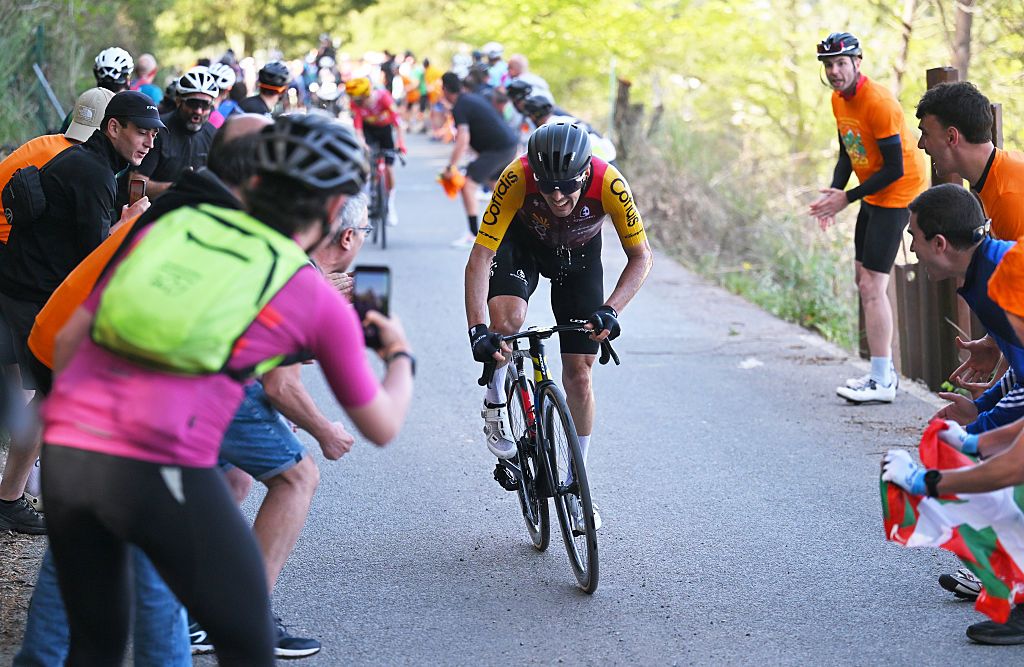 GALDAKAO, SPAIN - APRIL 09: Alex Aranburu of Spain and Team Cofidis attacks in the chase group during the 65th Itzulia Basque Country 2026, Stage 4 a 167.2km stage from Galdakao to Galdakao on / #UCIWT / April 09, 2026 in Galdakao, Spain. (Photo by Tim de Waele/Getty Images)