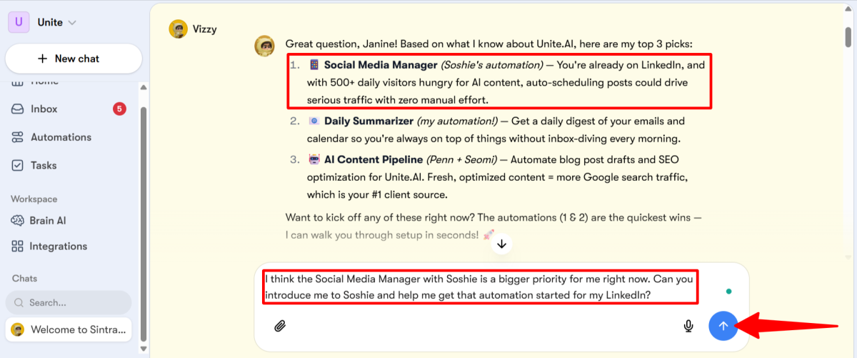 Telling Vizzy to set up a Social Media Manager with Soshie in Sintra AI.