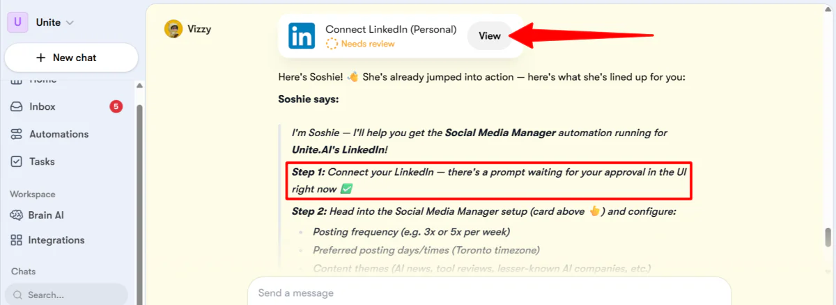 Connecting my LinkedIn during a chat with Vizzy using Sintra AI.
