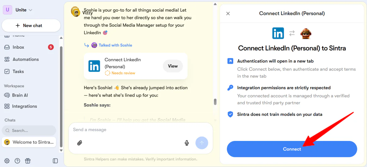 Connecting a LinkedIn account with Sintra AI.