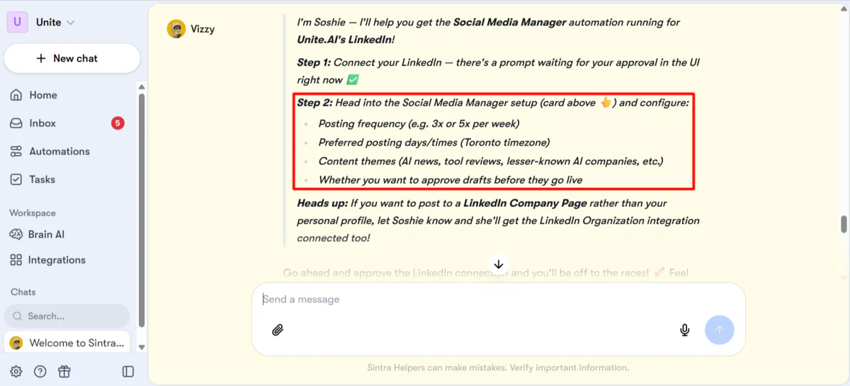 The second step laid out for me by Soshie to set up and configure my LinkedIn account on Sintra AI.