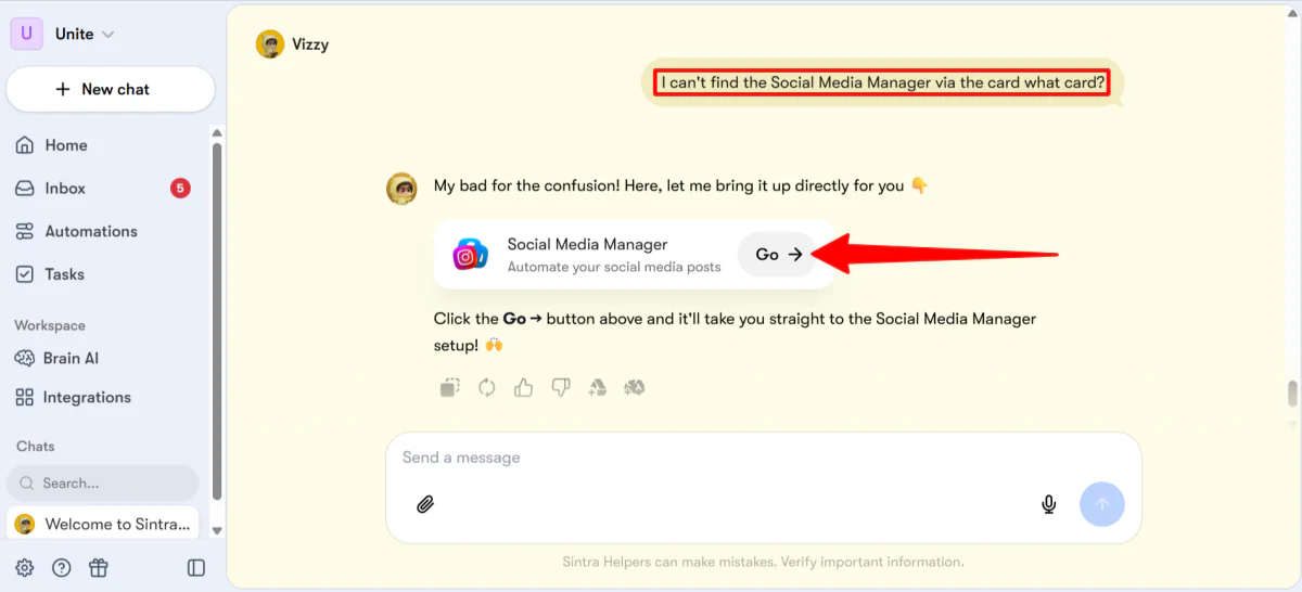 Asking where the Social Media Manager was to Vizzy in Sintra and Vizzy bringing up the Social Media Manager card in the chat.
