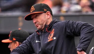 Baltimore Orioles manager Craig Albernaz OK after taking line drive to face