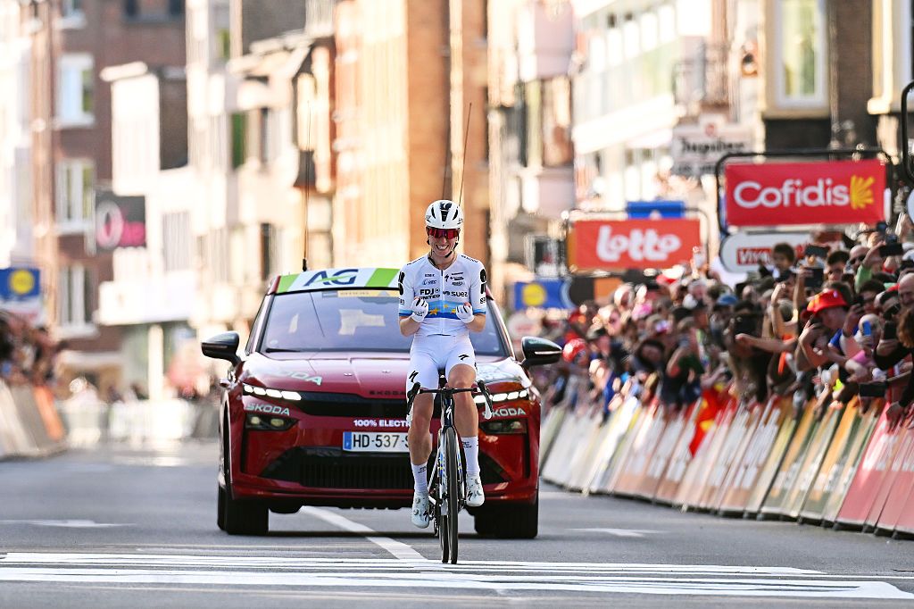 Demi Vollering of Netherlands and Team FDJ United - SUEZ celebrates at finish line as race winner during the 10th Liege - Bastogne - Liege Femmes 2026