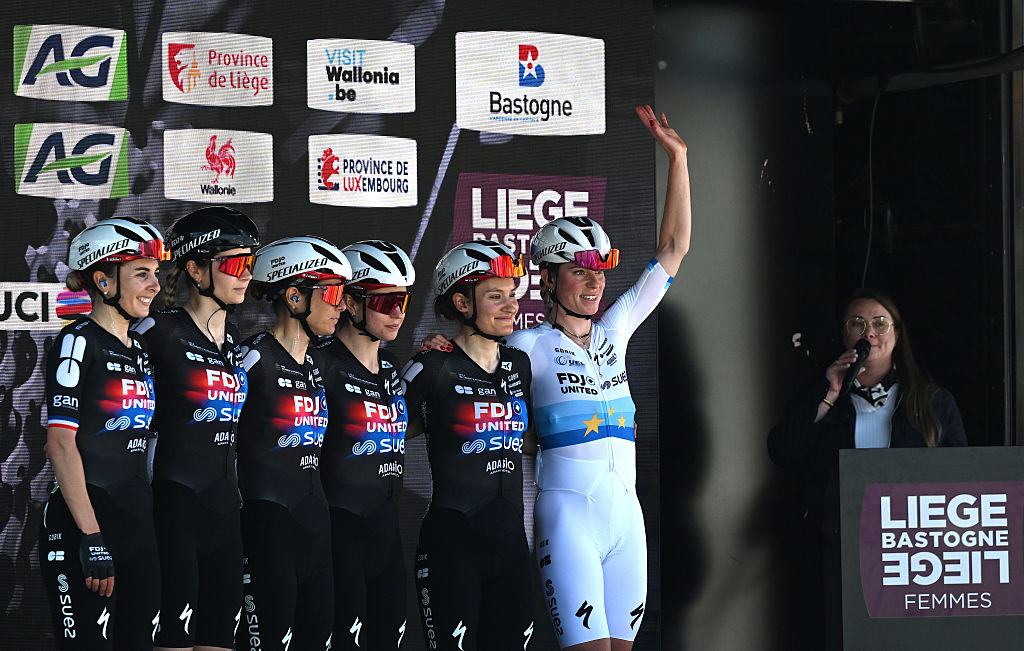 FDJ United-SUEZ prior to the 10th Liege - Bastogne - Liege Femmes 2026. (Photo by Luc Claessen/Getty Images)
