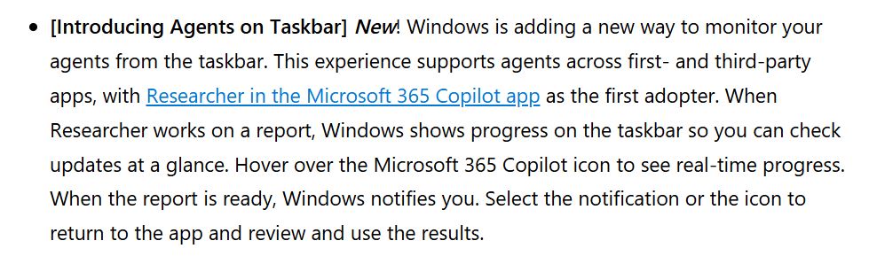 A text description explains the introduction of 'Agents on Taskbar' in Windows, showcasing the Microsoft 365 Copilot app as the first adopter, allowing users to monitor agents and receive notifications directly from the taskbar.