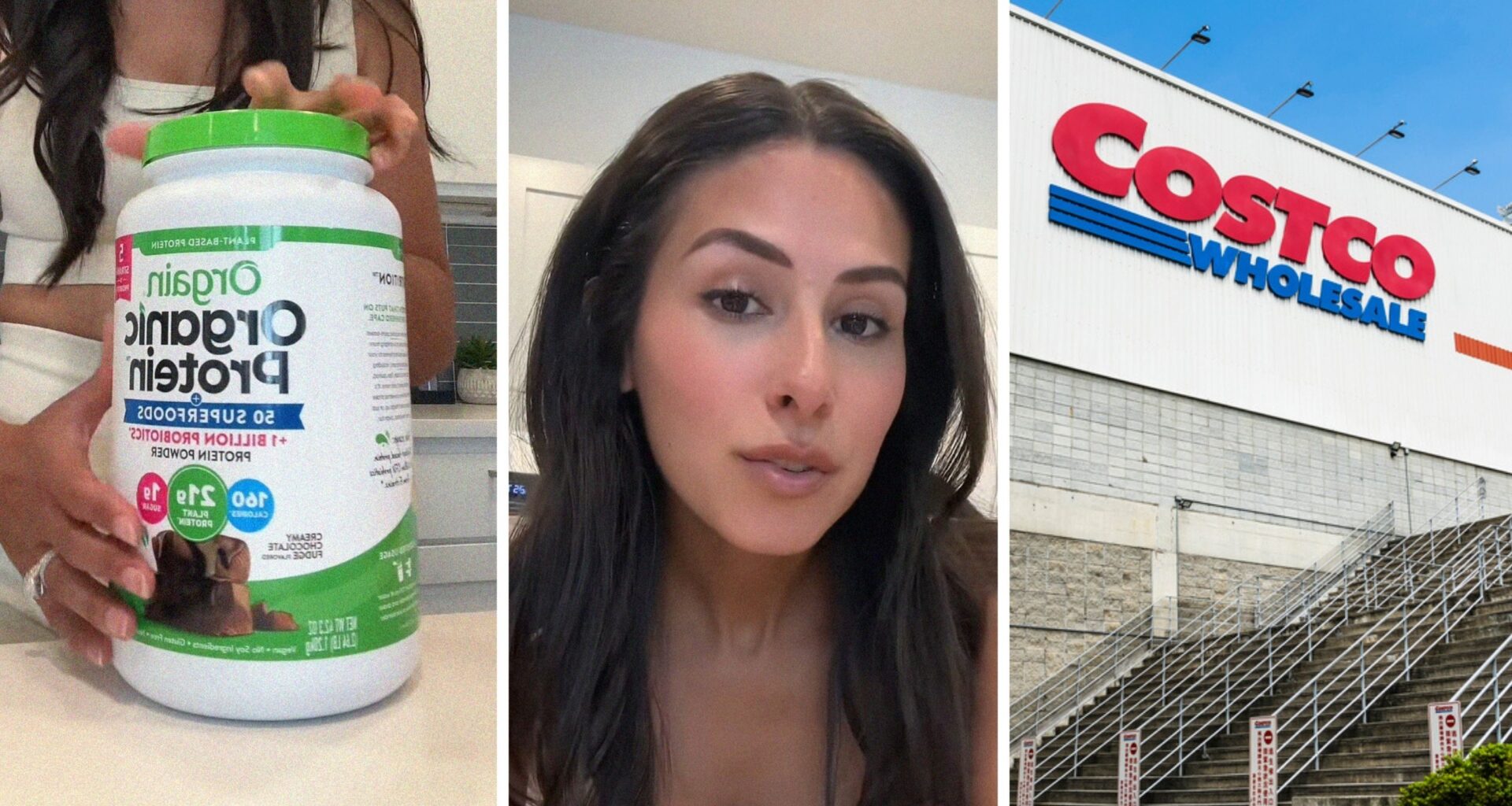 protein powder (l) woman shares purchase issue (c) Costco storefront (r)