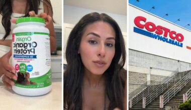 protein powder (l) woman shares purchase issue (c) Costco storefront (r)
