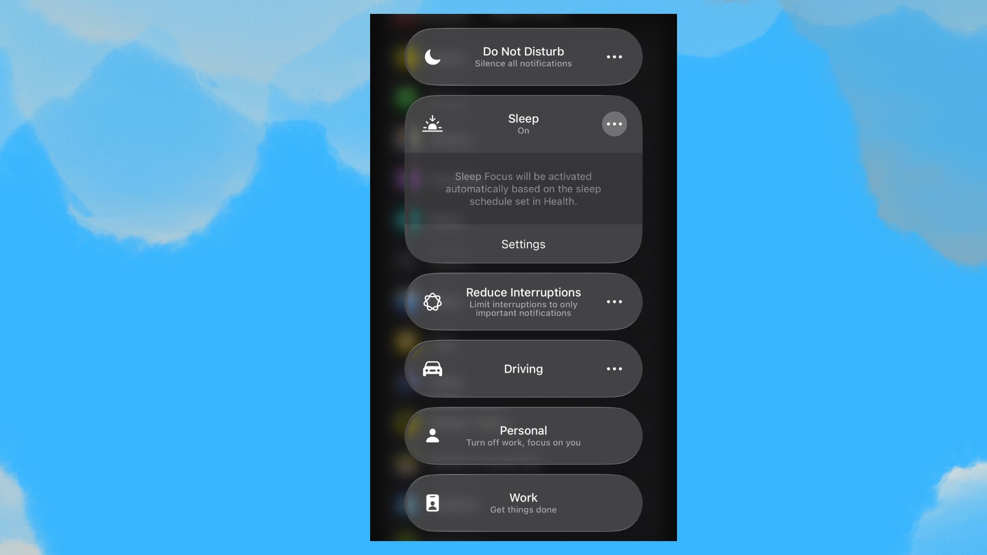A screenshot of the Sleep Focus mode being activated.