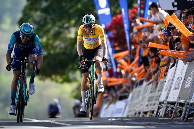 Paul Seixas crosses the finish line of the fourth stage of the Tour of the Basque Country. Photograph: Ander Gillenea/AFP via Getty Images