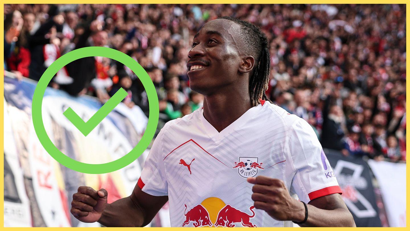 Yan Diomande raises his fists in celebration next to green checkmark.