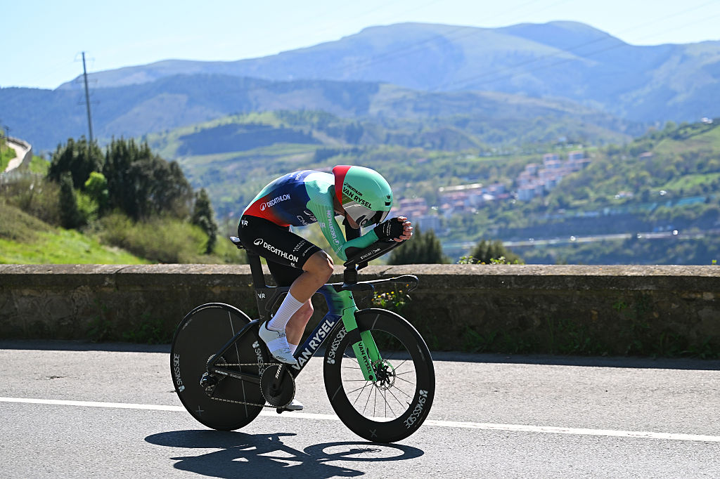 BILBAO, SPAIN - APRIL 06: Paul Seixas of France and Team Decathlon CMA CGM competes during the 65th Itzulia Basque Country 2026, Stage 1 a 13.8km individual time trial stage from Bilbao to Bilbao / #UCIWT / on April 06, 2026 in Bilbao, Spain. (Photo by Tim de Waele/Getty Images)