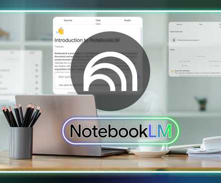 A desk with a laptop and other office items, with the NotebookLM logo in the center.