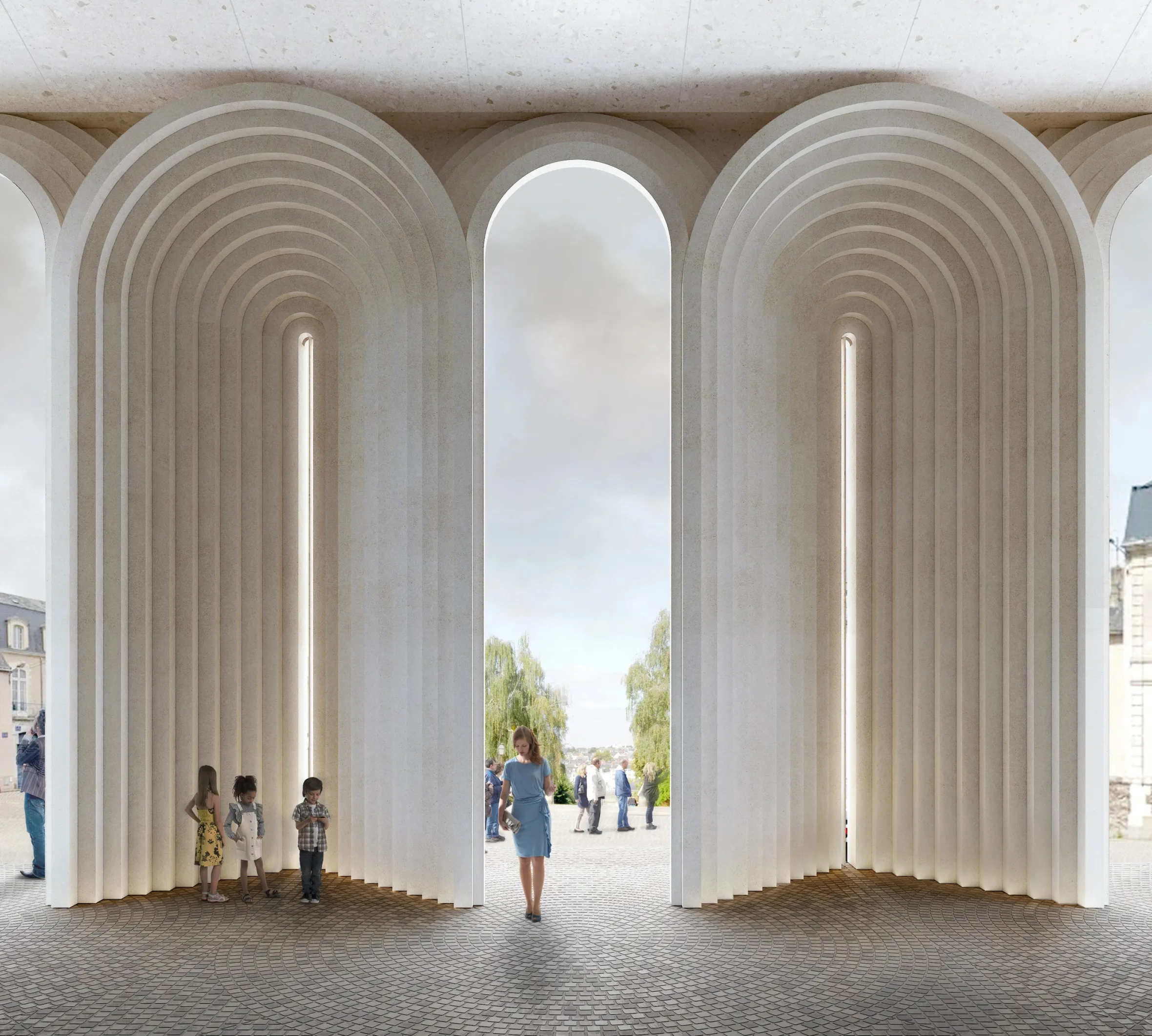 Illustration of the new design for Angers Cathedral, showing large arched doorways and a patterned stone floor.